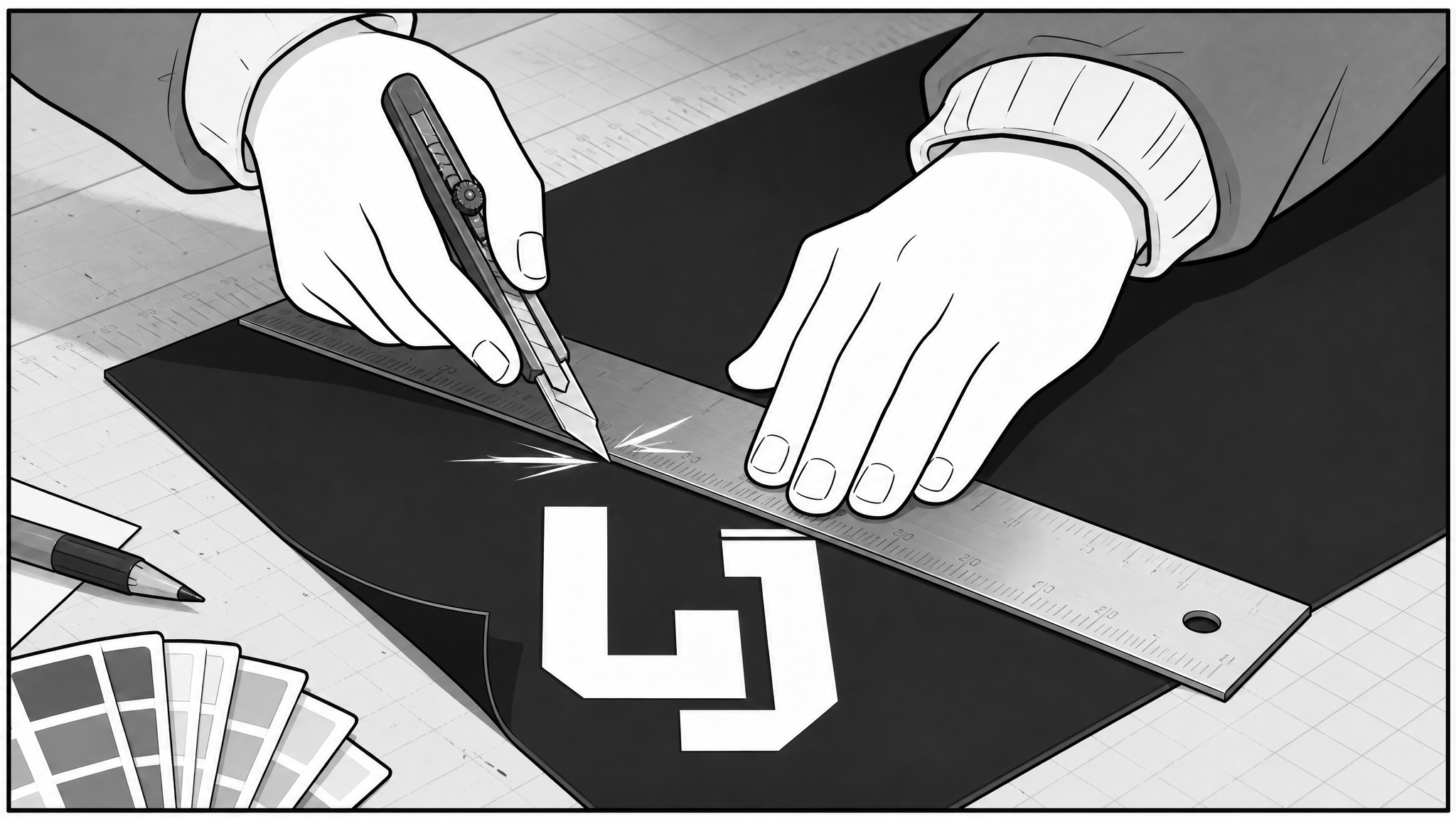 一手壓尺、一手持刀，沿邊裁開黑紙，露出蕪解LOGO