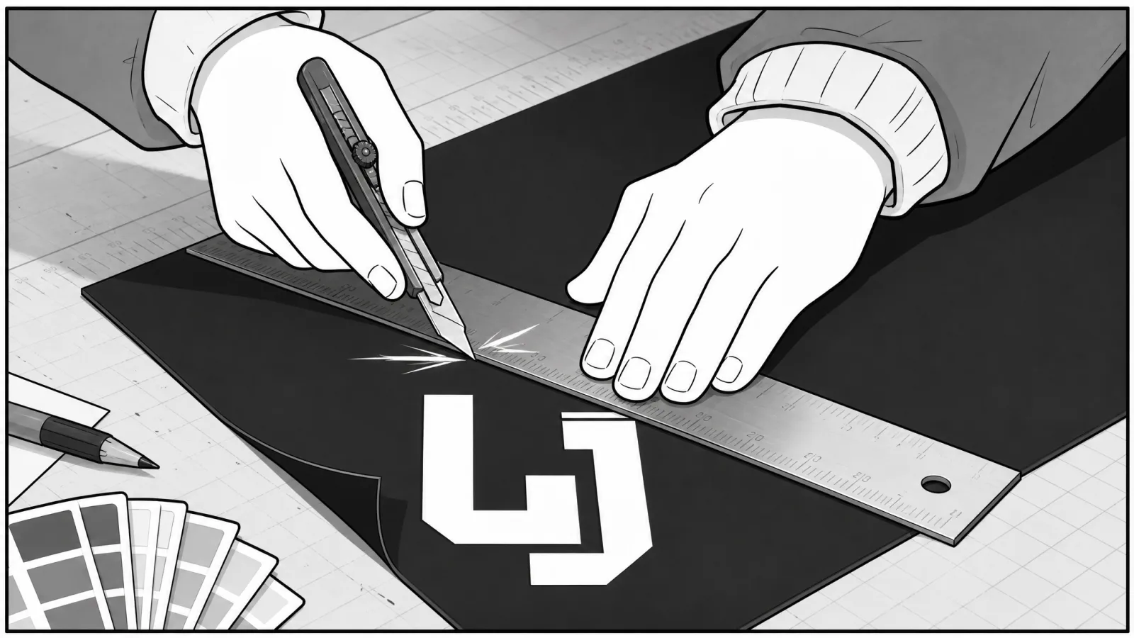 一手壓尺、一手持刀，沿邊裁開黑紙，露出蕪解LOGO